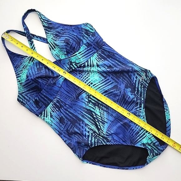 Speedo One Piece Swimsuit Abstract Foliage Turquoise Blue Cross Straps Sz 16 - Picture 9 of 12